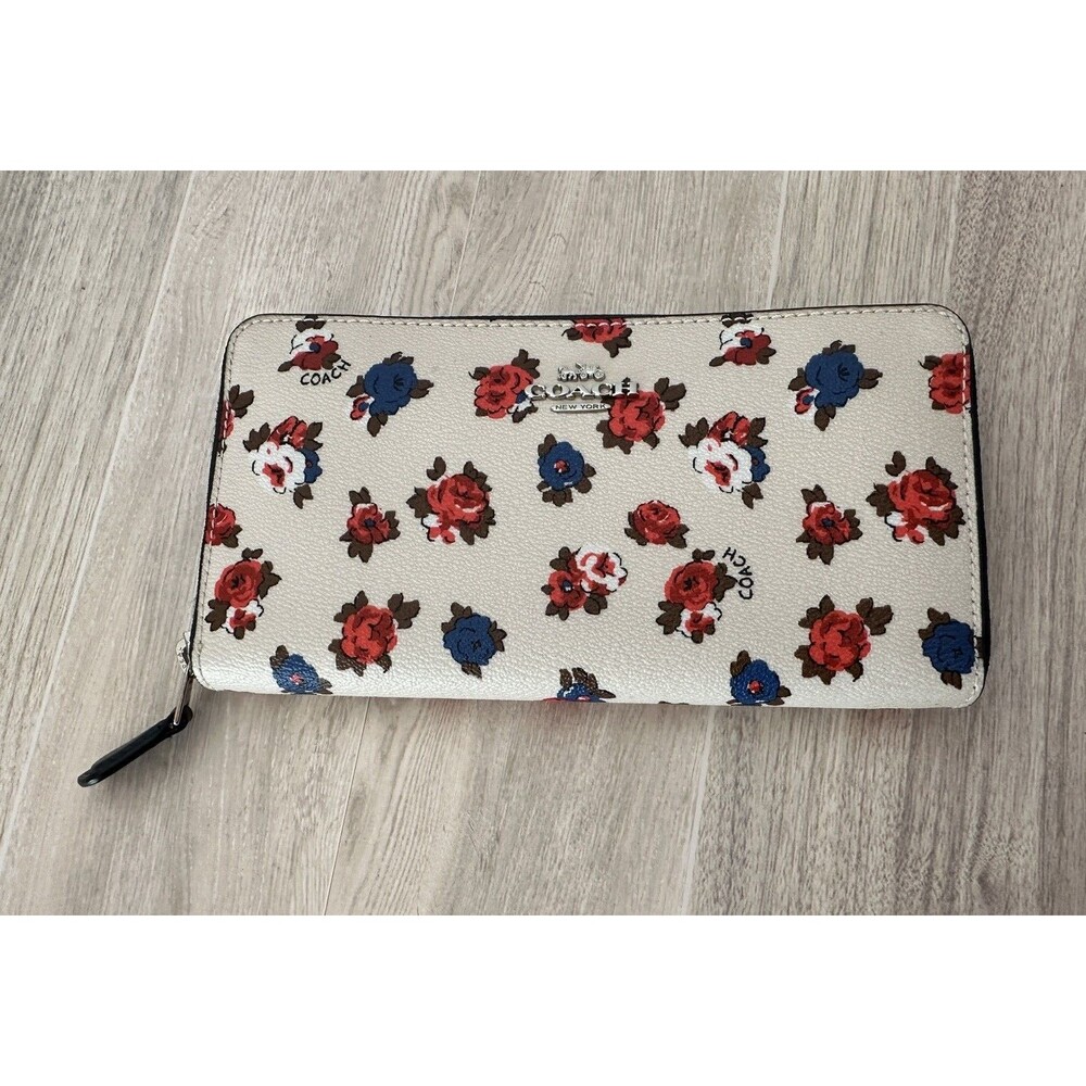 Coach Wallet Tea Rose Floral Leather Accordion Zip Womens Multicolor Card holder